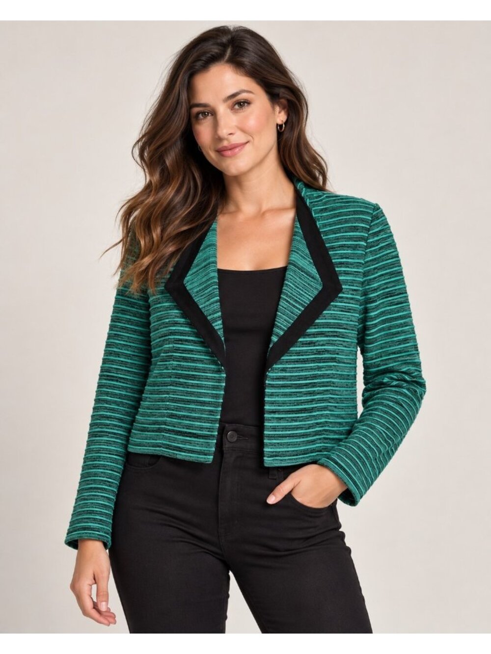 Ming Wang Striped Knit Blazer Teal Black Women's Petite PXS